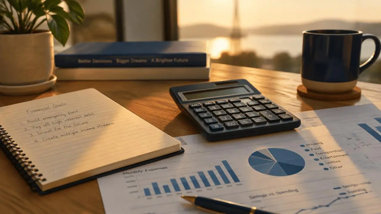 Desk with a financial goals notebook, calculator and budget charts in warm morning light